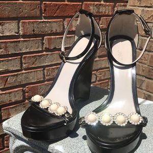 JASON WU Black Patent Leather Pearly Gem Wedge Ankle Strap